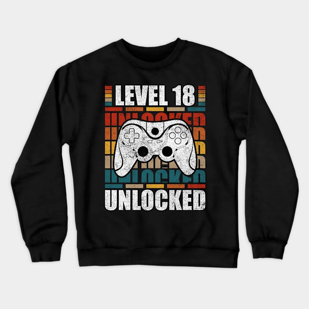 Level 18 Unlocked Retro Video Gamer Funny Birthday Crewneck Sweatshirt by VintageShirtShoppe